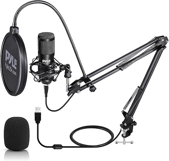 PYLE USB Microphone Boom Mic Kit Audio Cardioid Condenser Mic w/Boom Arm Stand and Pop Filter