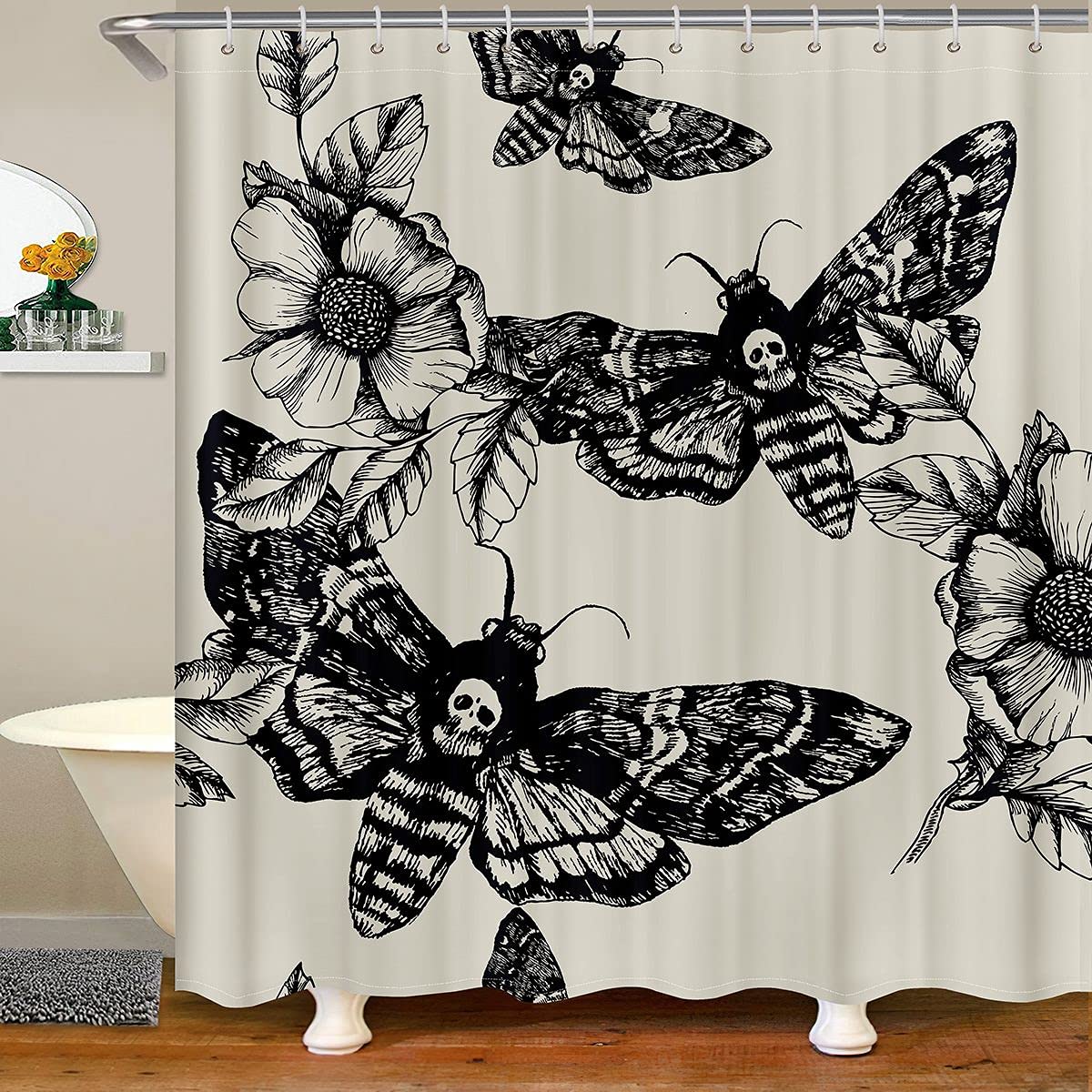 Loussiesd Gothic Skull Bathroom Shower Curtain Set Death Moth and Flowers Bath Curtain Kids Stalls Pesonalized Skeleton Bones Shower Curtain Black Cream Waterproof Bathroom Curtains 72x72 Inch
