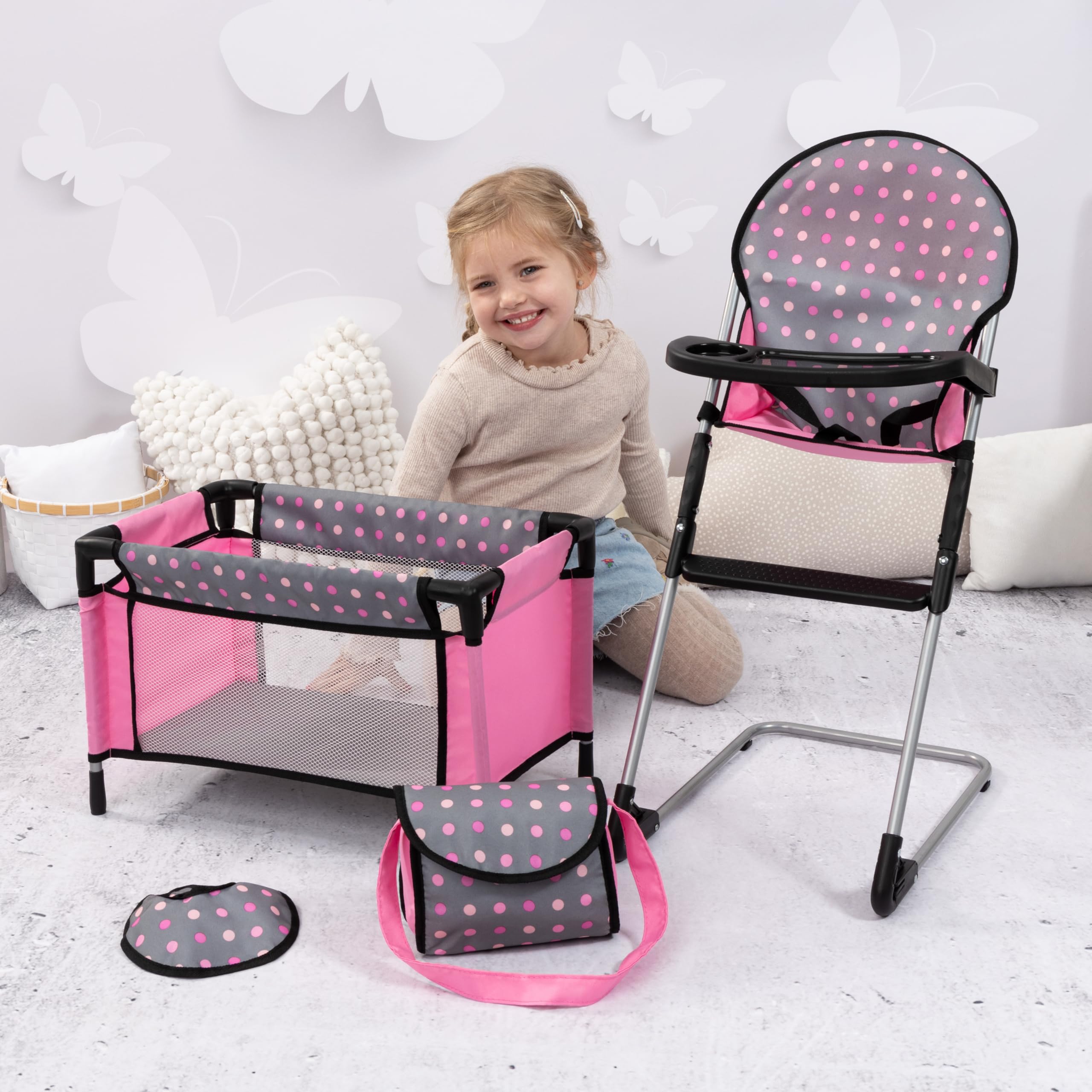 Bayer Doll High Chair/Crib Set, Grey, Pink with Dots
