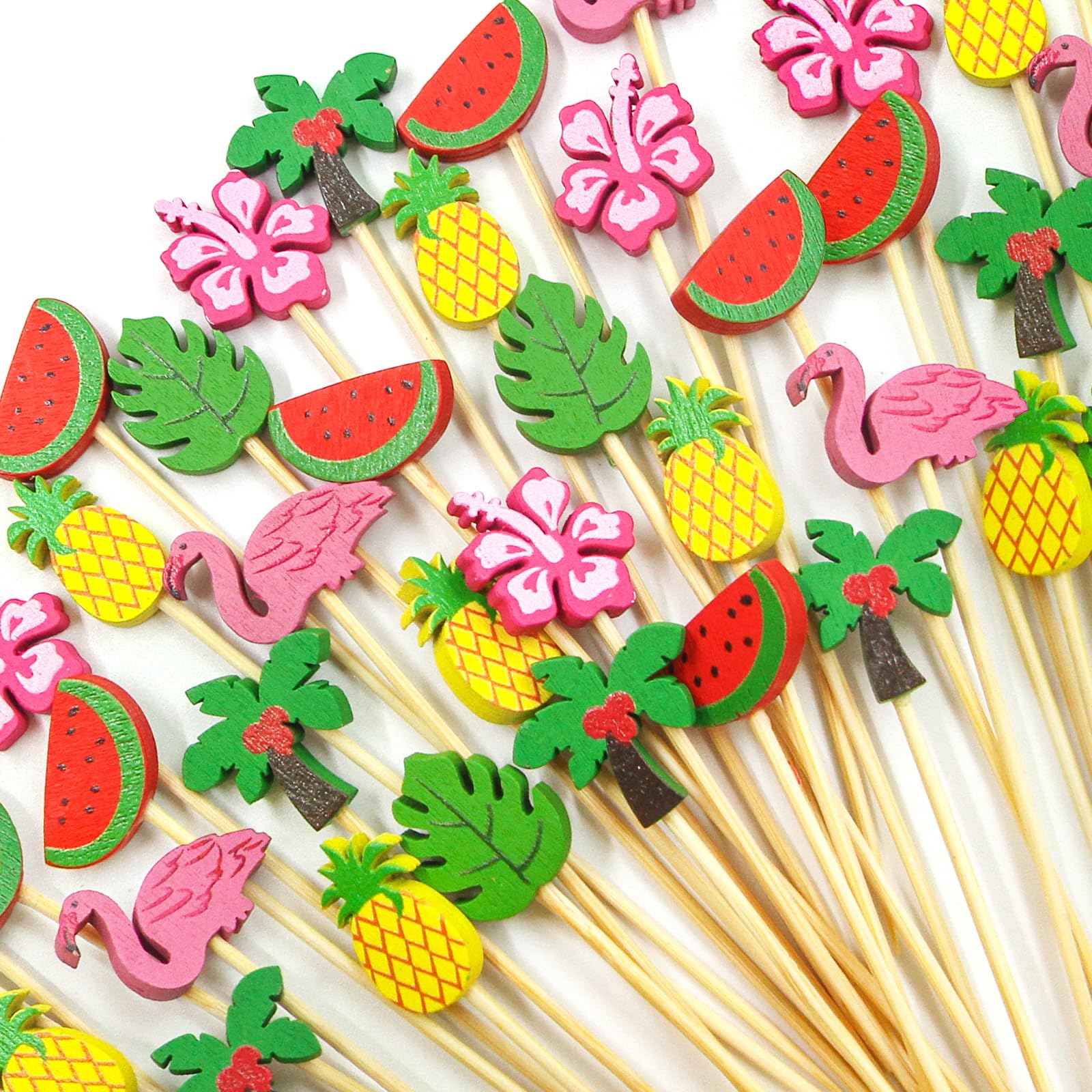 Photo 1 of Worldbazaar Summer Cocktail Picks Tropical Party Supplies 120PCS End Of Year Toothpicks for Appetizers Food Fruit Sticks Birthday Pool Beach Hawaiian Party Decorations