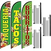 SmoothNovelty 15ft Tacos Burritos Taqueria Feather Flag Set Mexican Restaurant Advertising Swooper Flag 3 Pack Includes Business Feather Flags Banner Fiberglass Pole Ground Stake for Store Outside