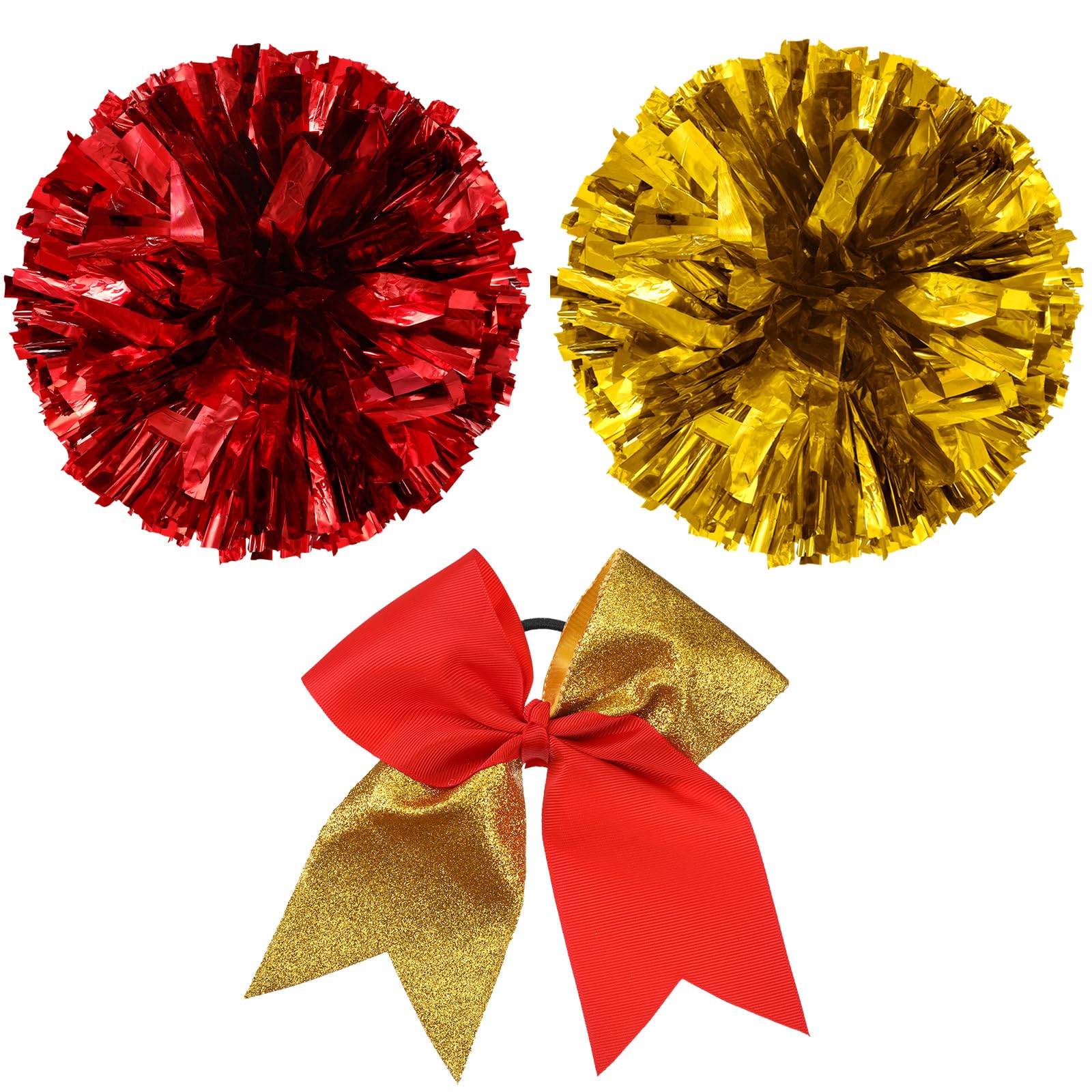 Photo 1 of Set of 3 12 Inch Cheerleading Pom Poms and Large Cheerleader Ponytail Bow Holder for Girl Large Metallic Cheerleader Pom Poms for Sports Team Cheering (Red and Gold)