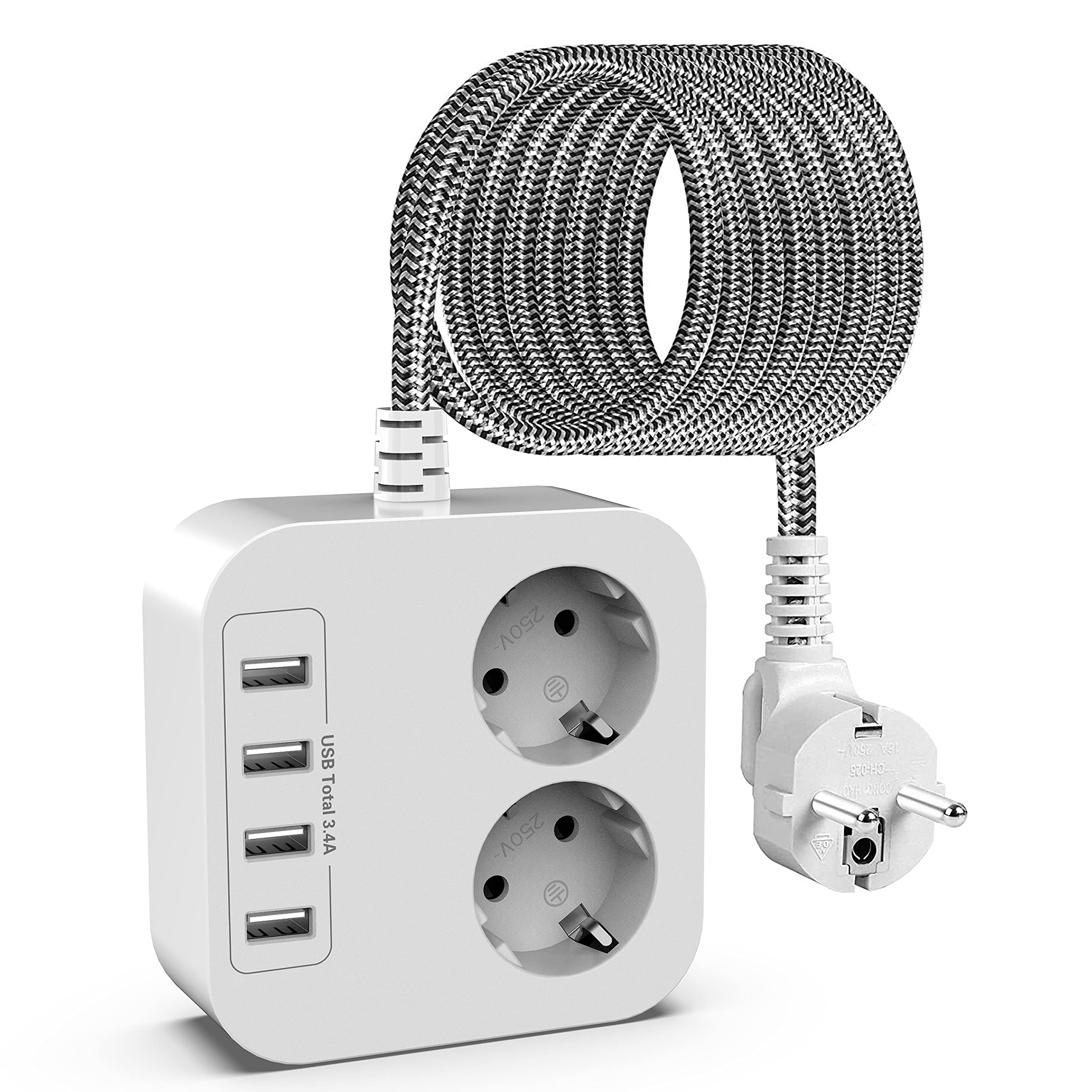 Extention Lead with USB ports,Extension Cable with 2 Way Outlets & 4 USB Slots,Surge Protection Plug Extension Socket with 1.52M Braided Extension Cord, Extension Socket for Home, Office