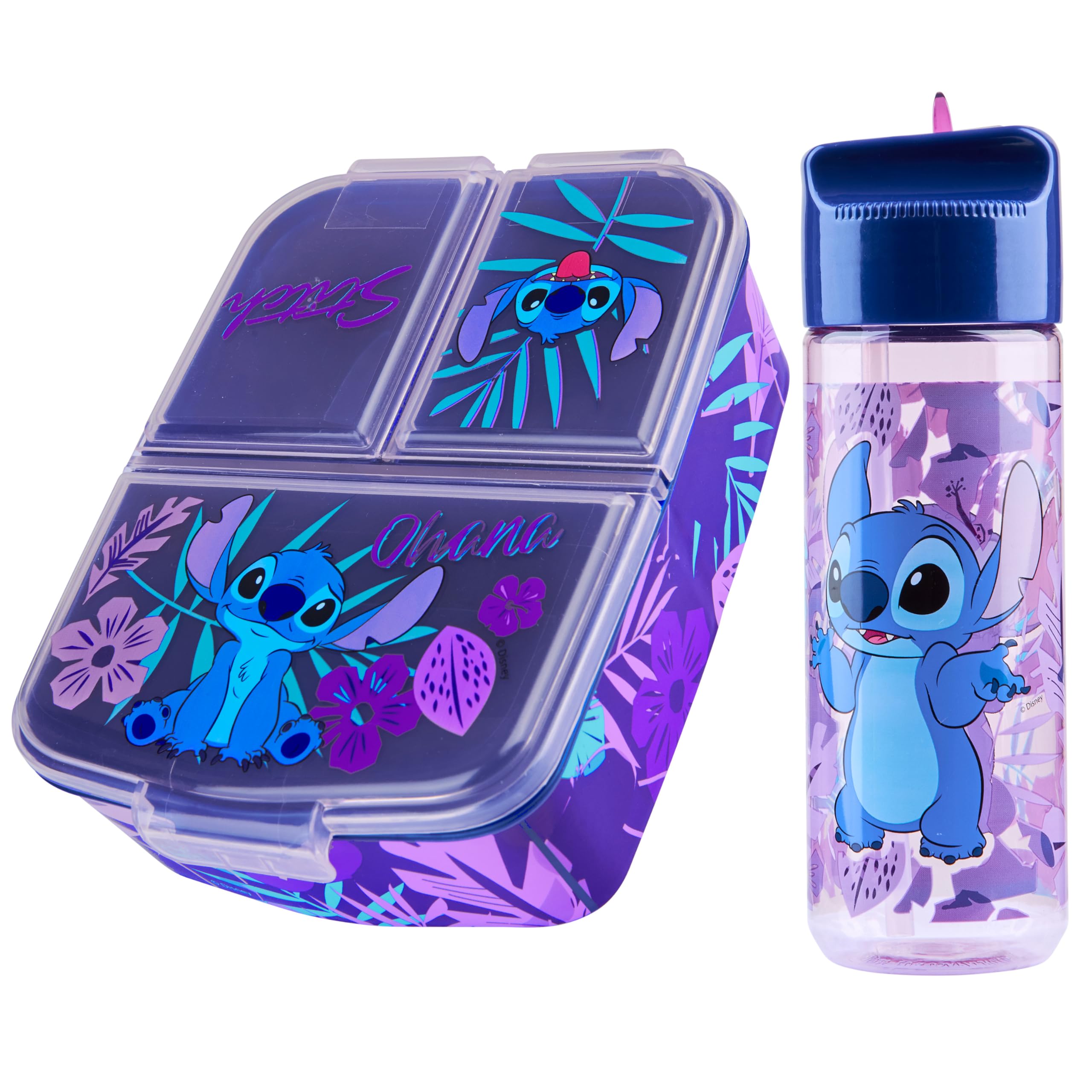 Disney Stitch Lunch Box Set for Kids with Multiple Snack Compartments and Water Bottle for School Supplies Day Trips Holiday (Blue/Purple)