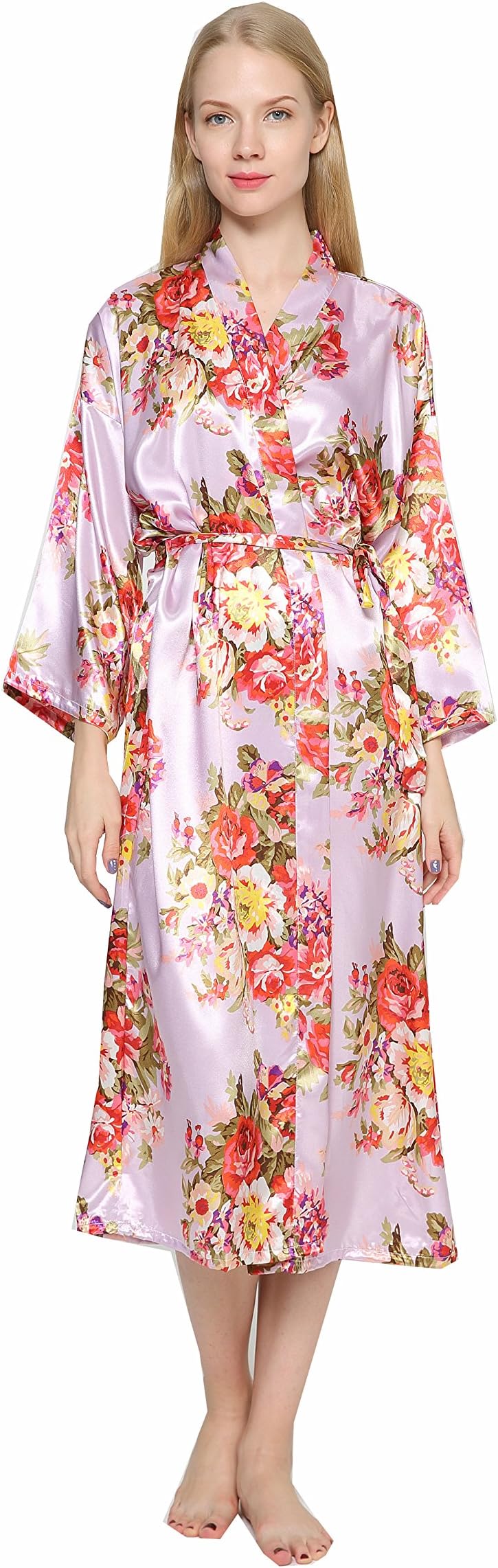 Zarachilable 14 Color Long Floral Robe Bride Kimono Bridesmaid Robe Satin Night Dress