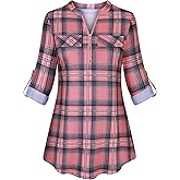 Tanst Sky Womens Casual Long Sleeve Zipped V Neck Plaid Tunic Blouses