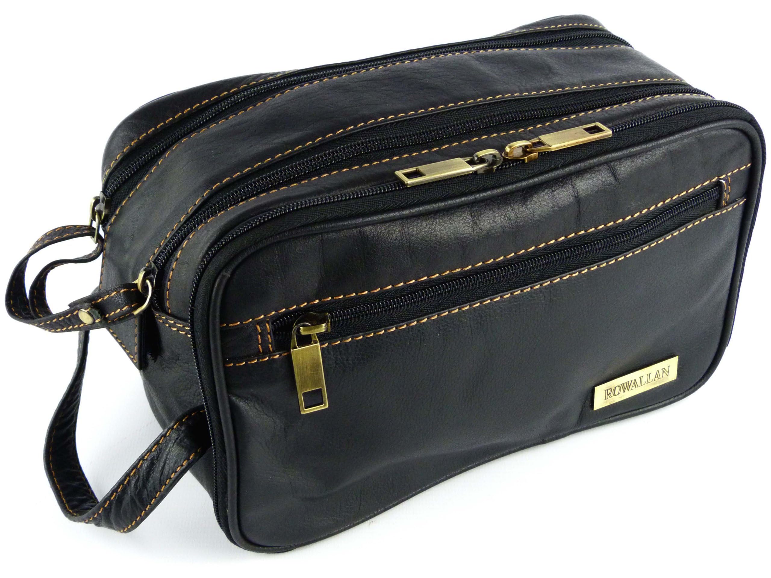Mens Classic Leather Wash Bag by Rowallan of Scotland Travel Toiletries Travel Stylish (Black)