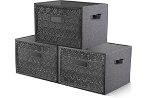 Iirios Storage Bins, Linen Collapsible Storage Box, Metal Stackable Storage Containers with Handles, Decorative Storage Baskets for Shelves, Clothing, Blanket, Comforters, Bed Sheets, 3 Pack (Black)