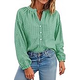 Cicy Bell Womens Puff Long Sleeve Blouse Gingham Pleated V Neck Button Down Shirts Loose Fit Dressy Casual Fall Tops