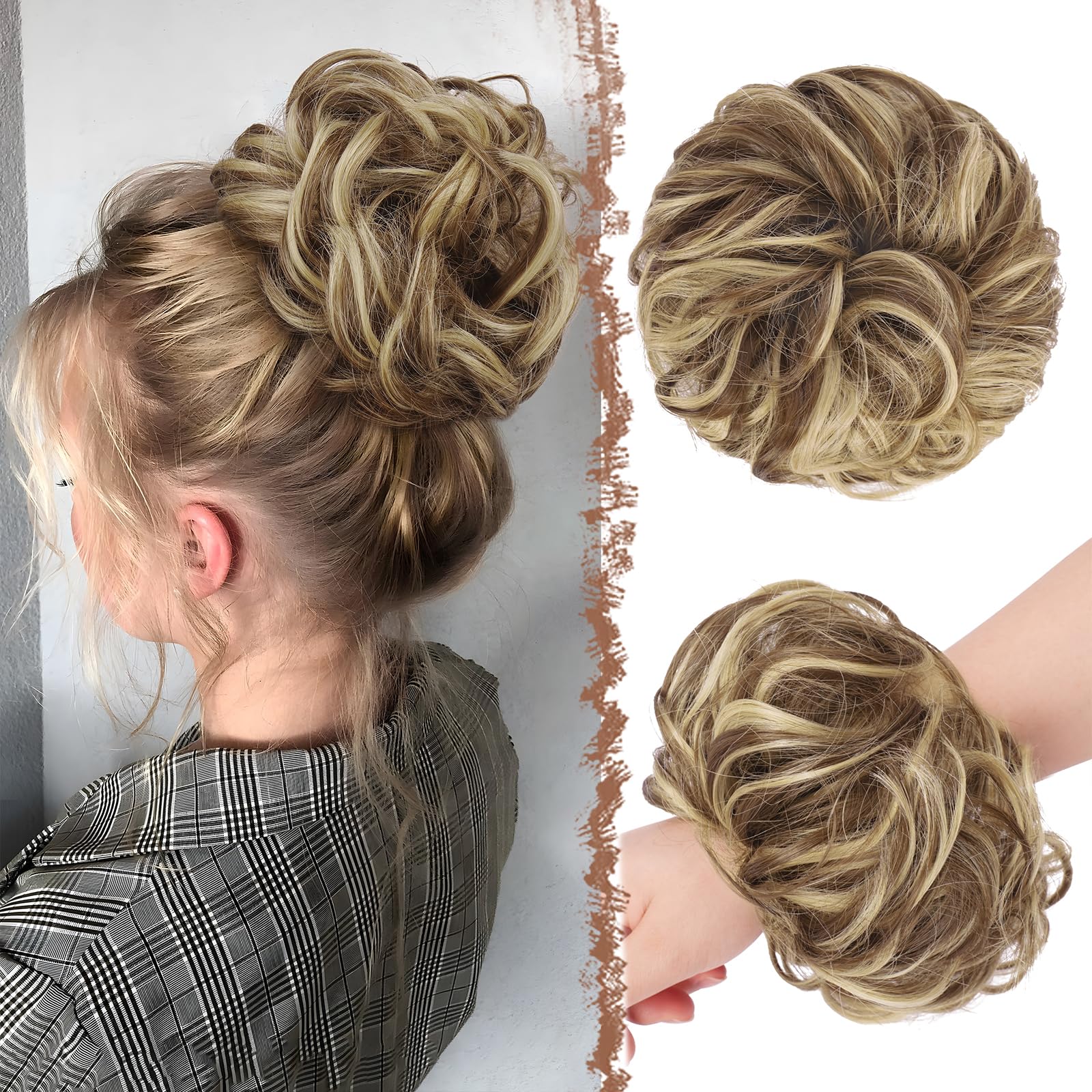 FESHFEN Messy Bun Hair Piece Hairs Scrunchies Thick Curly Wavy Pony Tail Synthetic Accessories Donut Updo Hairpieces for Women Girls 55g, Light Brown & Blonde