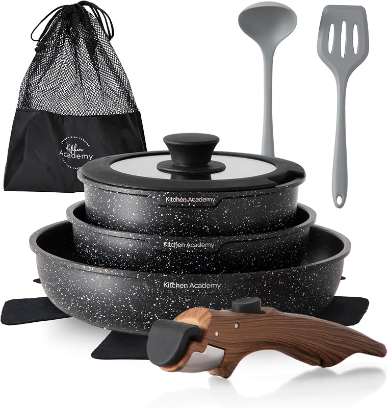 Lot de 10 Casseroles et Poêles,Poignée Amovibl,Noir