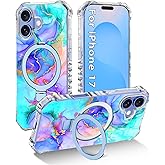 Shecaset for iPhone 17 Case,[Compatible with MagSafe][Invisible Magnetic Ring Stand],Slim Iridescent Wavy Women Girls Case for Apple iPhone 17 6.3"(2025),All Blue Marble