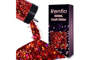 Renfio Holographic Chunky Glitter, 9.7oz/275g Red Chunky Glitter for Snowglobe Tumbler, Laser Red Metallic PET Flake Mixed Fine Powder for Snowglobe Tumbler,Craft,Epoxy Resin,Festival Decor,Nail,Slime