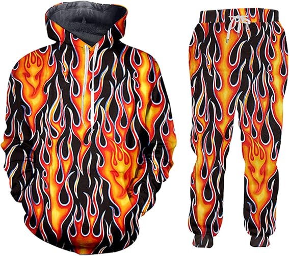 2 Pieces 3D Print Flame Tracksuit Sweatshirt Sports Set Clothes Men Hip