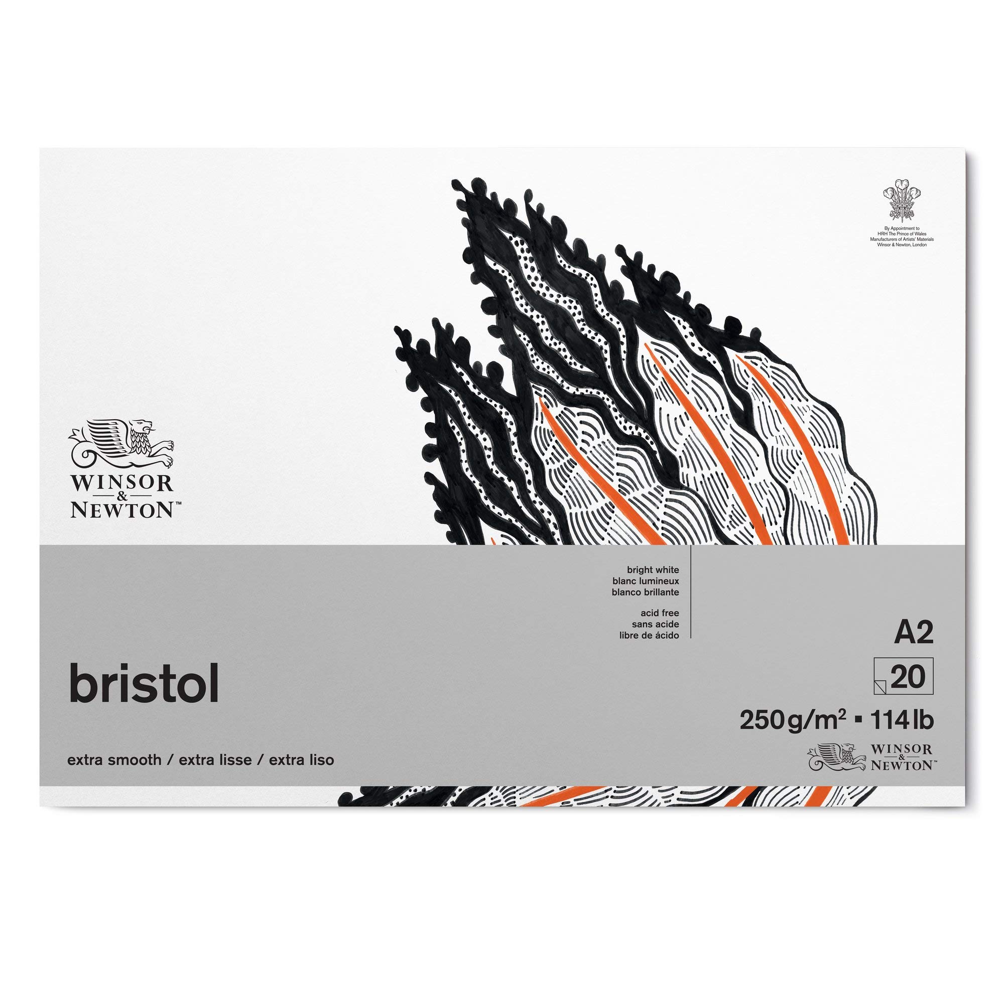 Winsor & Newton Bristol 6661547 Drawing Paper in Pad - 20 Sheets DIN A2 250 g/m² Glued Top Bright White Paper for Drawings with Technical Pens, Fineliners, Ink, Markers, Airbrush
