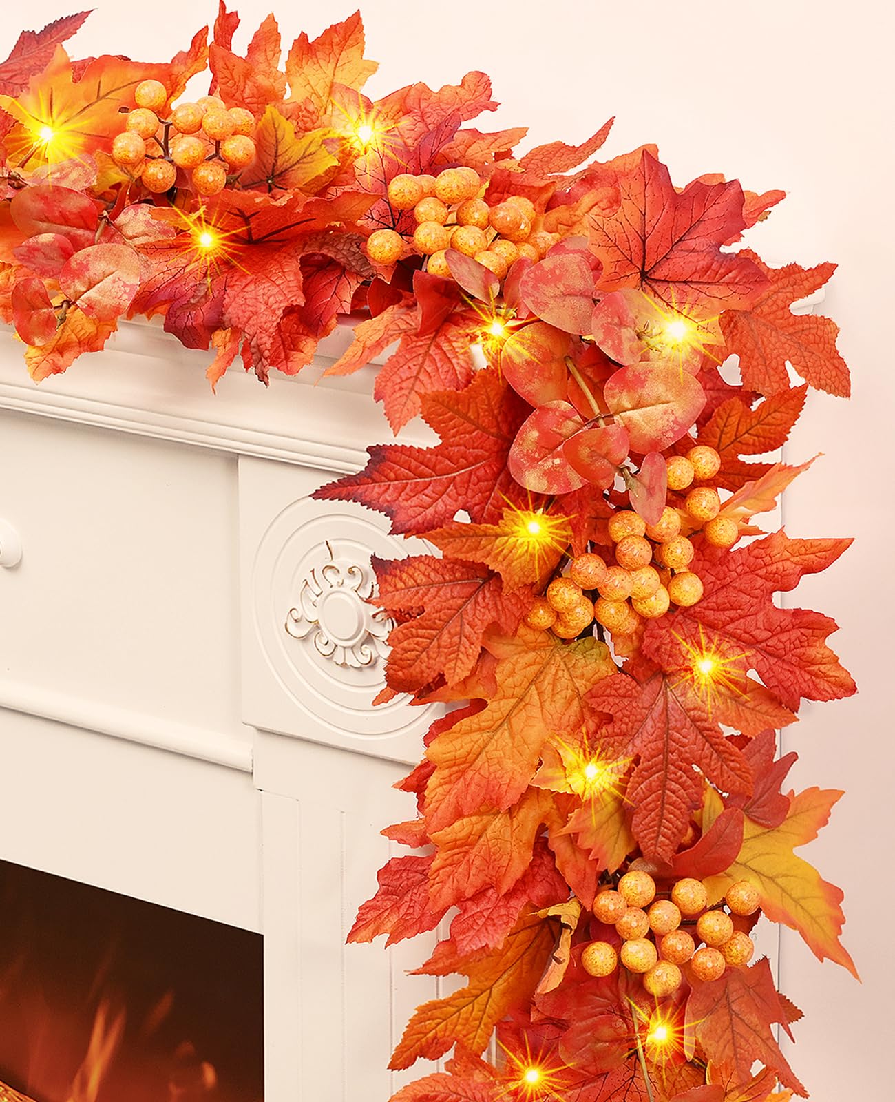 Photo 1 of 2Pcs Fall Leaves Garland with Lights, 6 Ft Fall Leaf Garland with Lifelike Maple Leaves Fall Eucalyptus Stems & Berries for Mantle Table Thanksgiving Fall Home Decor