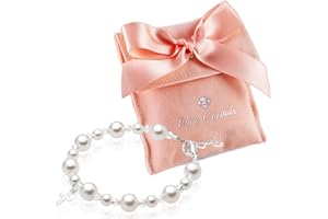 Baby Crystals Pearl Bracelets for Girls, Sterling Silver Cross Charm, Baptism Gifts for Girl, Baby Bracelet with Simulated White Pearls and Crystals, Girls Jewelry Birthday Gift
