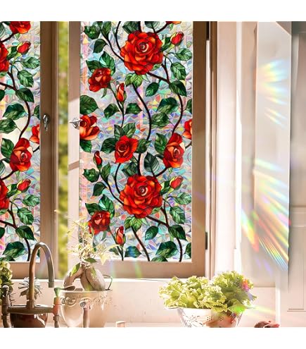 Runtoo Pellicola Per Finestre Decorativa Arcobaleno - Uccelli E Fiori, Static Cling Non Adesiva, Protezione UV, 43,2 Cm X 2m