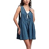 D-Sun Women Summer Sleeveless Denim Romper Casual V Neck Tie Front Ruffled Denim Short Overall Jumpsuit with Pocket