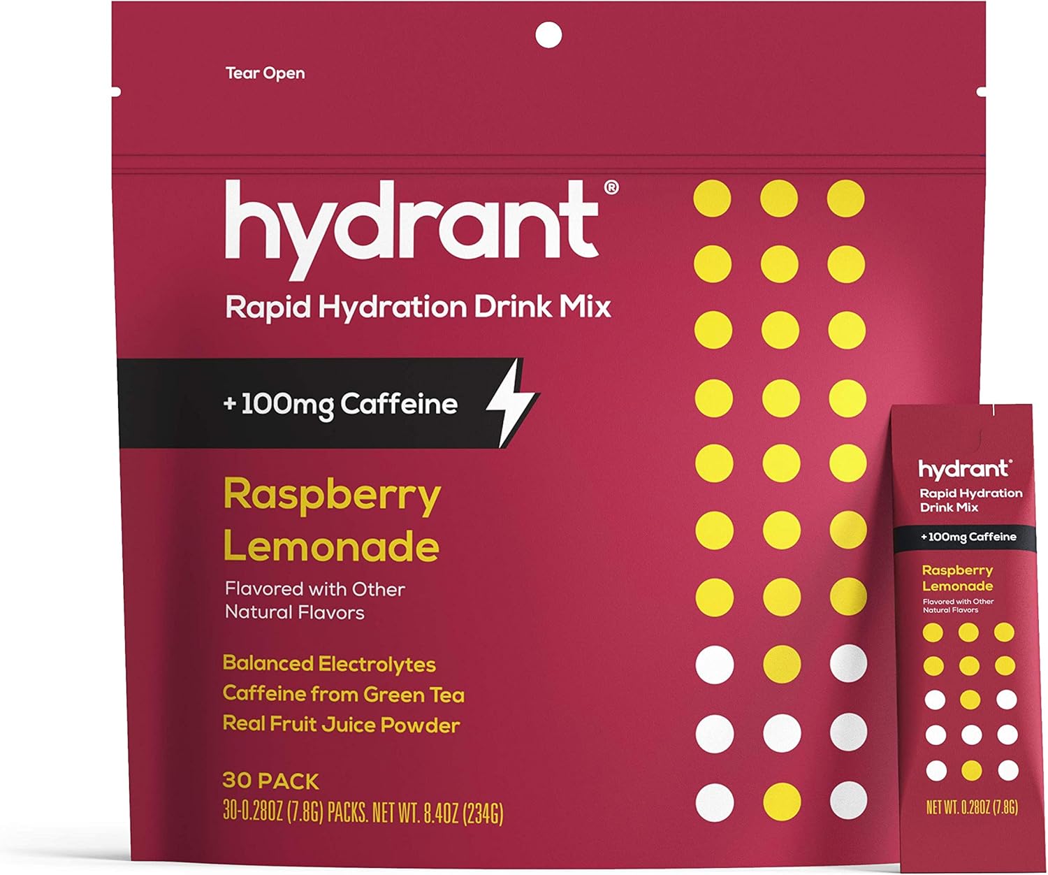Hydrant Caffeine & L-Theanine Rapid Hydration Drink Mix, Electrolyte Powder Packets with Zinc, Use for: workout, sweating, travel & heat recovery, Vegan (Raspberry Lemonade + Caffeine Rapid Hydration): Health & Personal Care