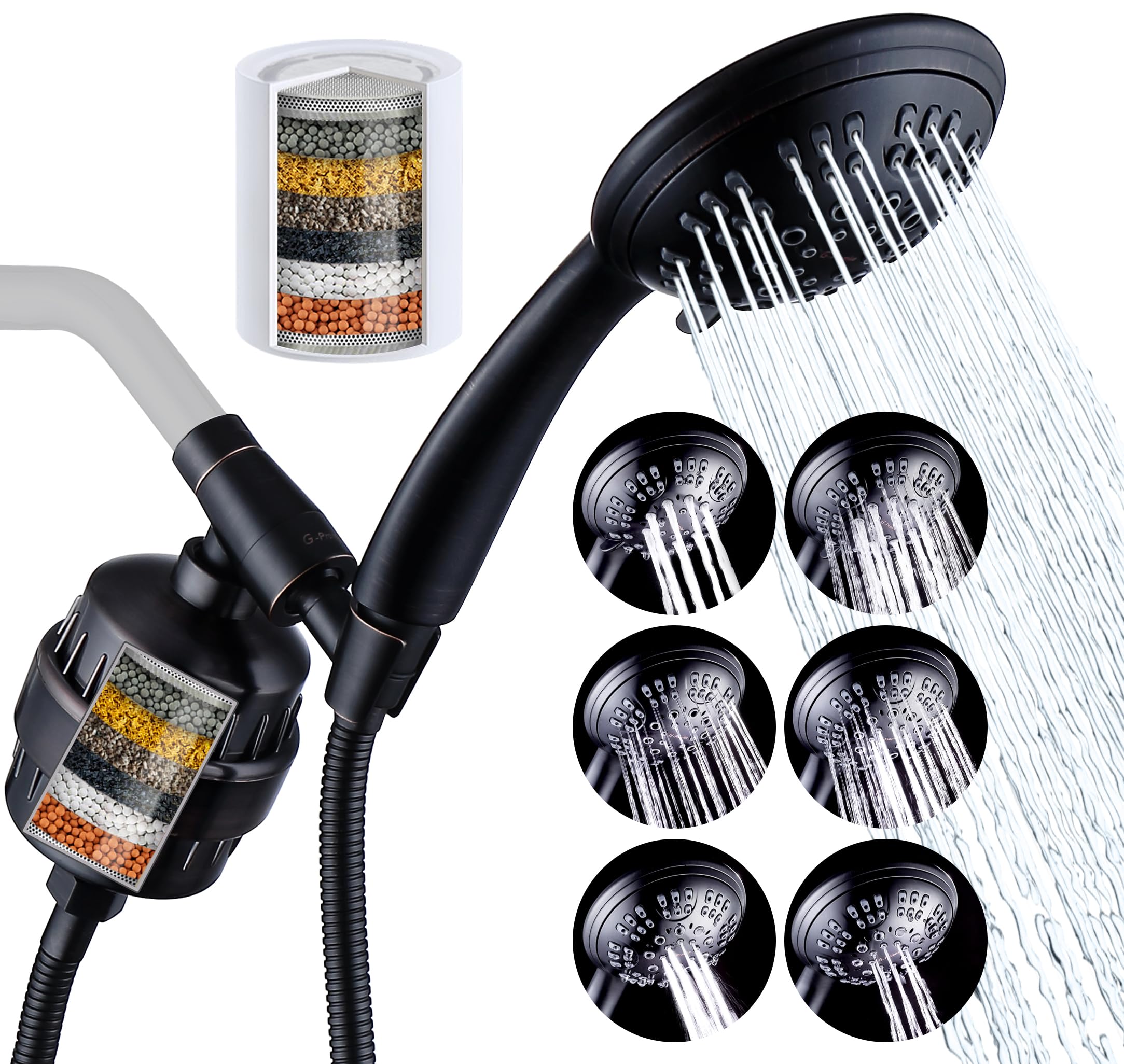 Photo 1 of G-Promise Luxury Filtered Handheld Shower Head, Shower Set 6 Spray Showerhead with Effective Filter of 2 Cartridges, Adjustable Metal Bracket, Extra Long Hose (Oil Rubbed Bronze with Filter)