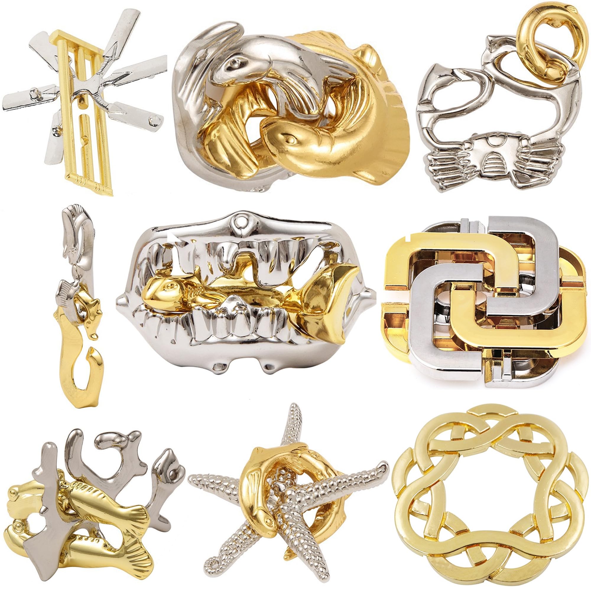 MINGZE Metal Wire Puzzles Brain Teaser, IQ Test Toy Mind Game Jigsaw Magic Trick Toys for Kids and Adults Set of 9, Golden