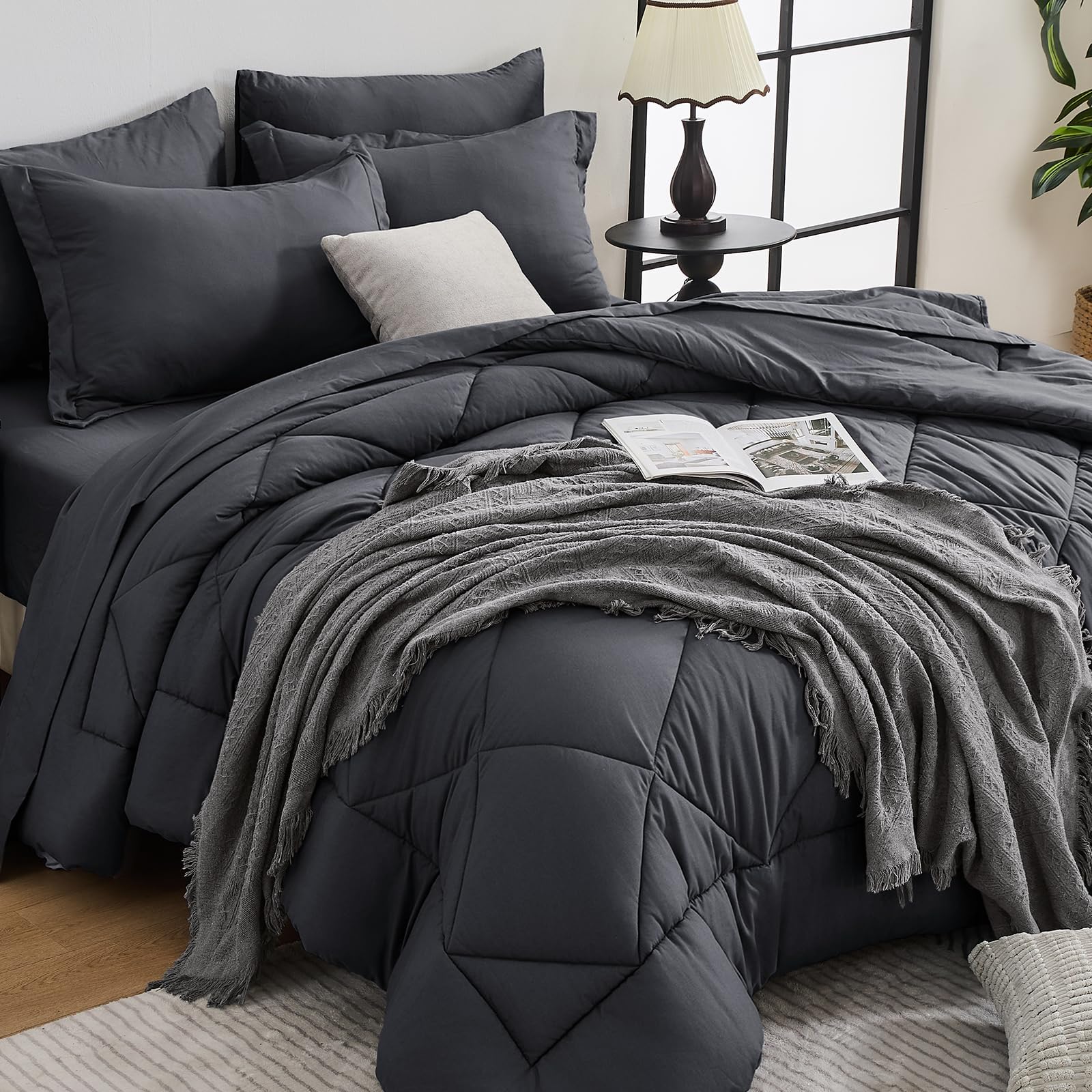 HEVUMYI 7-Piece King Comforter Set, Dark Gray
