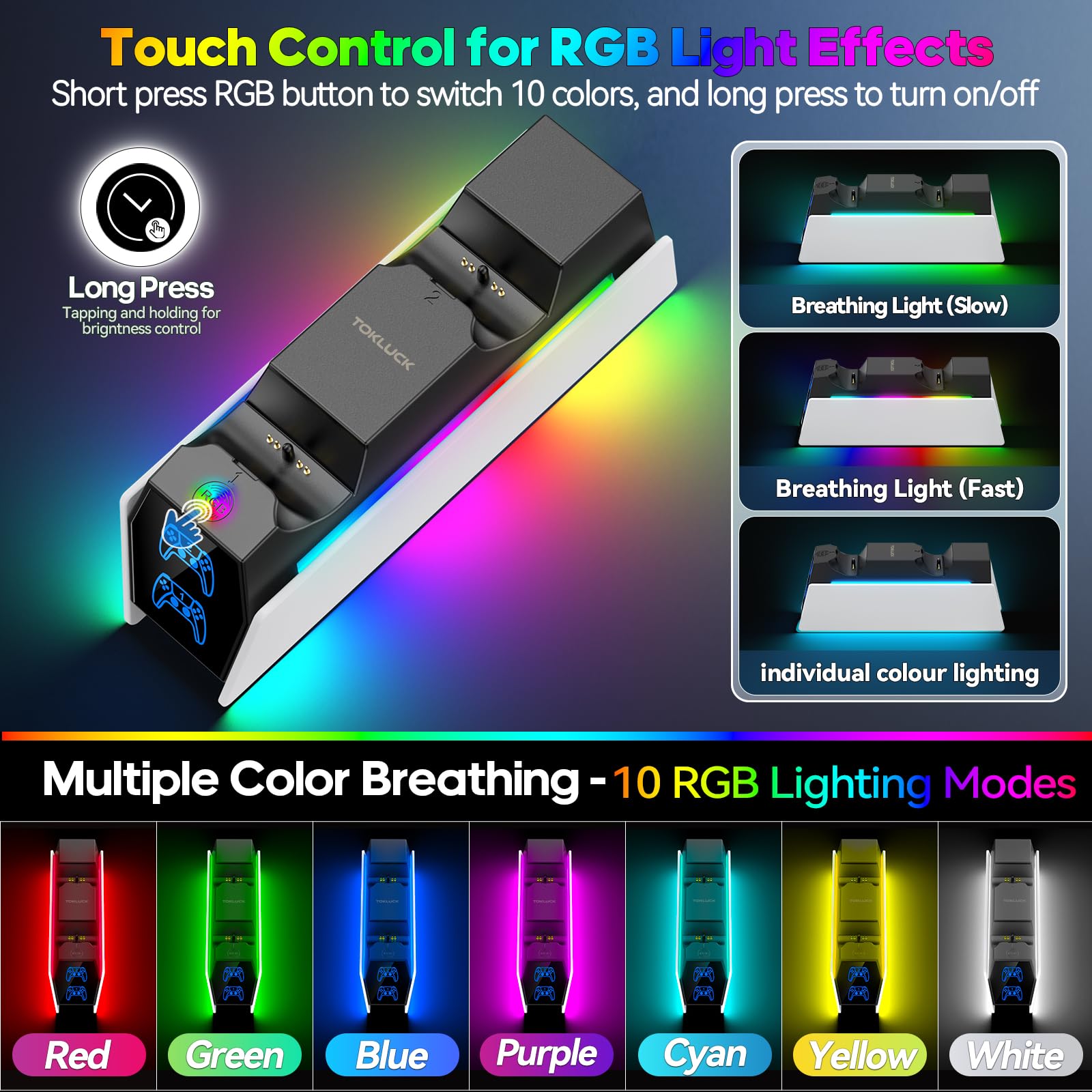 Tokluck PS5 Controller Ladestation, RGB PS5 Zubehör Ladestationen für PS5 Controller & Edge Controller, PS5 Charging Station Schnellladung für PlayStation 5 Dualsense 4