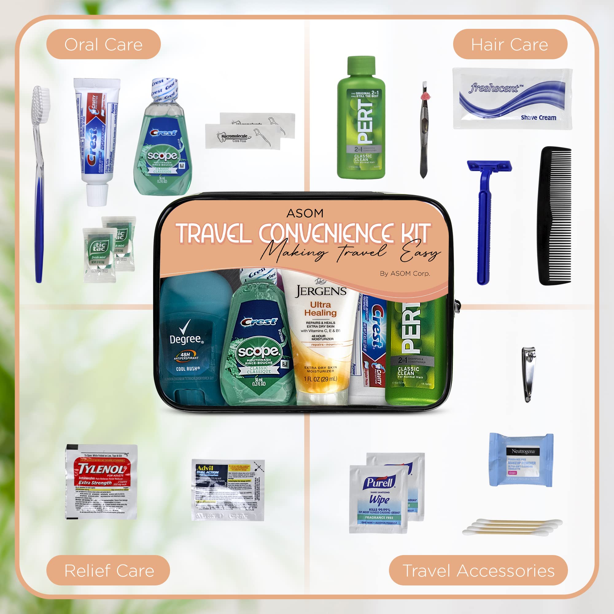 Asom Toiletry Travel Kit - 20 Piece TSA Approved Personal Care & Hygiene Essentials Set for Men & Women, Pre-Filled Convenience for Travel, Airplane Carry-On Ready