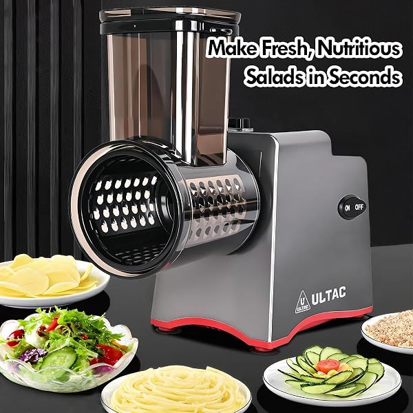 ULTAC CHEESE GRATER ELECTRIC, ELECTRIC GRATER 250W FOR BLOCK CHEESE WITH 7 DIFFERENT BLADES, ELECTRIC CHEESE SHREDDER, ELECTRIC SALAD MAKER WITH CLEANING BRUSH FOR FRUITS, VEGETABLES