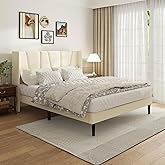 Sismplly Queen Bed Frame with Headboard, Velvet Upholstered Queen Size Platform Bed with Wingback, Mattress Foundation with Wooden Slat Support, No Box Spring Needed, Easy Assembly, Noise Free, Beige