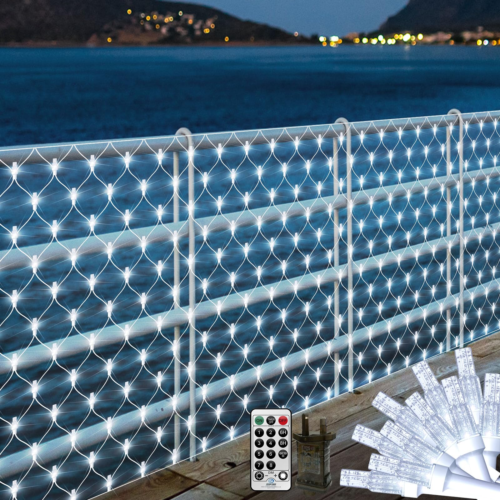 THKFUL 6X3M 408LED Outdoor Net Lights Plug in,Large Mesh Net Fairy Lights,Garden Tree Light Outside Window Wall Lights,Connectable Waterproof Remote Timer,10M Lead Wire for Balcony(White)