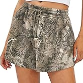 HOCANDY Womens Camo Sweat Shorts Maple Leaf Print Drawstring Elastic High Waist Lounge Camouflage Workout Shorts with Pockets