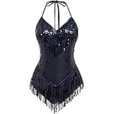 Women Sexy Sequin Fringe Bodysuit Romper Sparkly Tassel Latin Jazz Dance Acrobat Costume Dancing Music Festival Rave Outfits