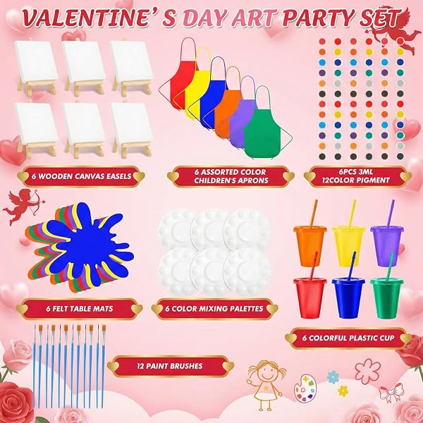 AMAZINGSPARK 48 PCS PAINTING PARTY CHRISTMAS FAVORS INCLUDES CANVAS & EASEL KIT AND APRONS, PALETTES, CUPS, BRUSHES, PAINTS AND FELT TABLE MAT PARTY VIBRANT ART SUPPLIES FOR PAINTING