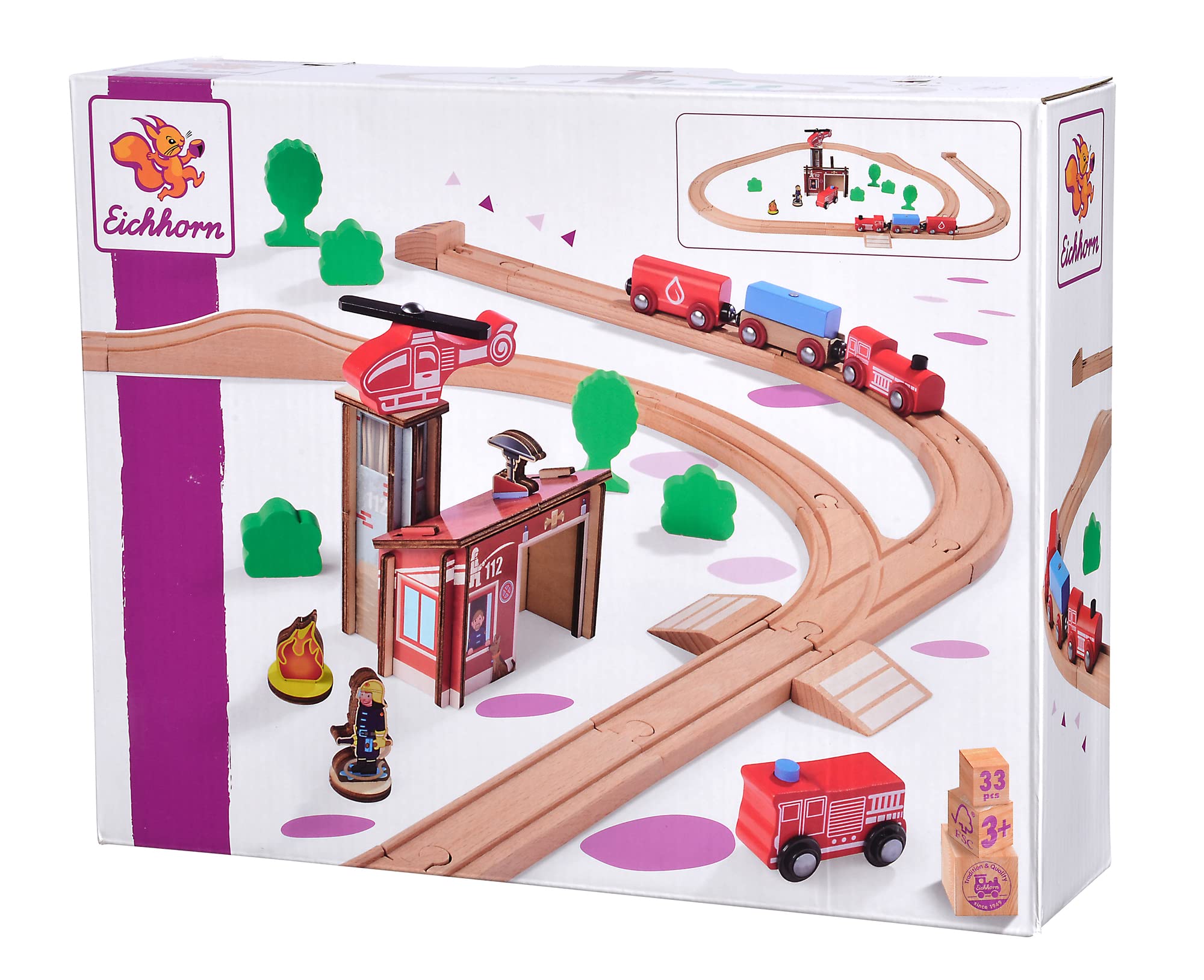 Eichhorn 100006205 100006205 Fire Brigade Set, 33 Pieces, 295 cm Track Length, FSC Certified Beech Wood, Can Be Installed with Other Rail Systems