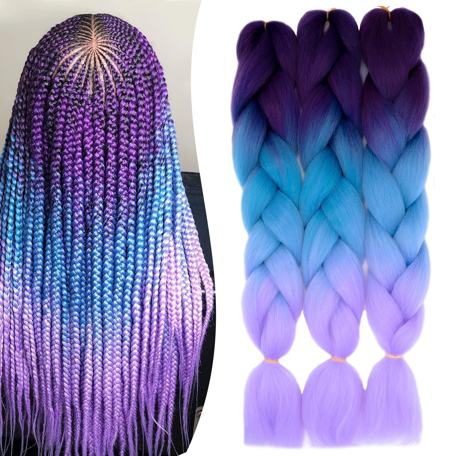 24inch Ombre Jumbo Braids Hair Extensions Braiding Hair Pieces 3pcs Bundles Synthetic Jumbo Braid Hair Crochet Twist African Box, Purple/Lake Blue/Light Purple