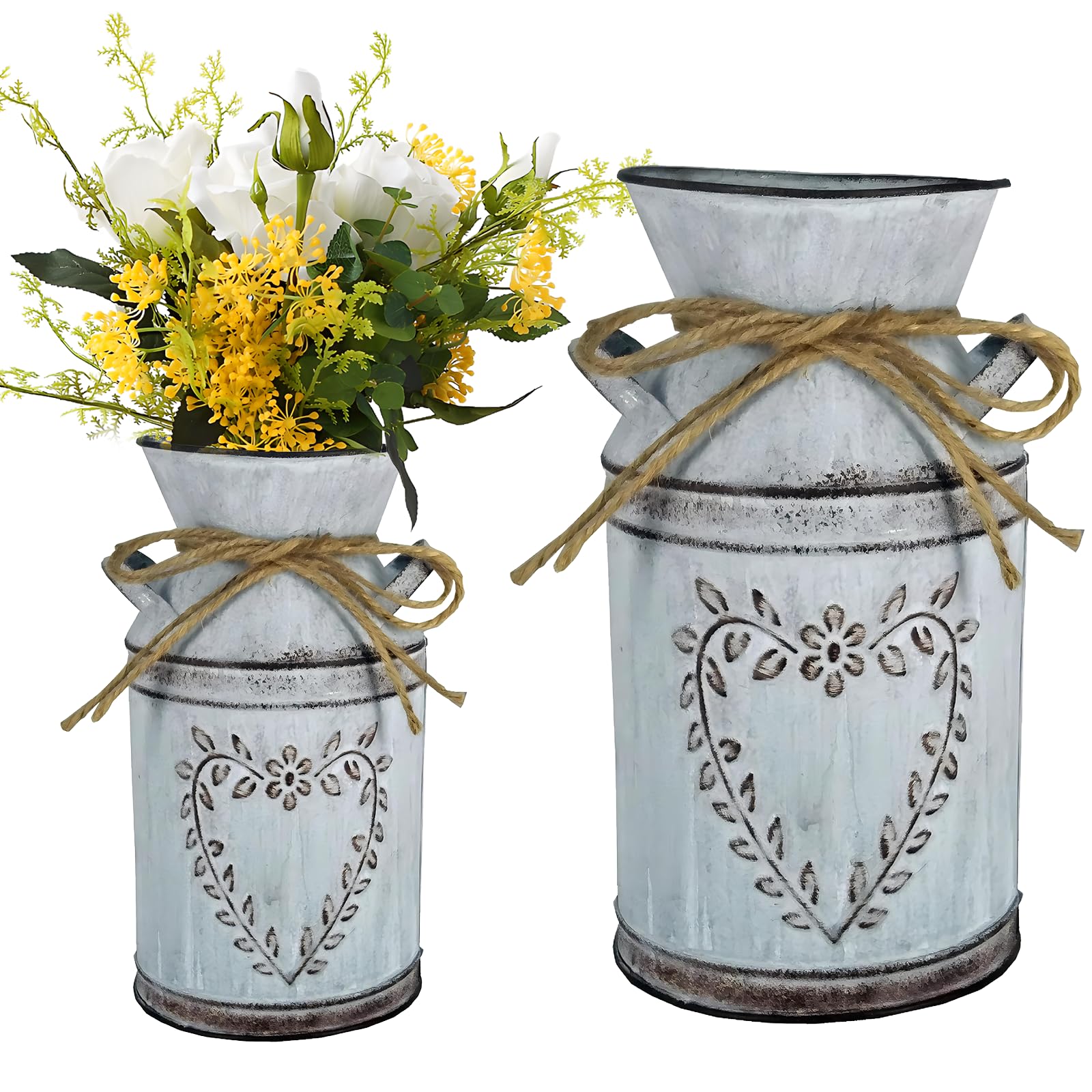 Vintage Flower Vase Rustic Bucket Primitive Jug Galvanized Can Tin Pot Rustic Farmhouse Vase Pitcher Jug Vase for Flowers,Galvanized Milk Can with Love-Shaped Designed for Garden Wedding Home Decor