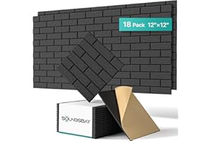 SOUNDSBAY Soundproof Wall Panels Self-adhesive, Acoustic Panels 18 Pack Brick Wall Panels, High Density Sound Absorbing Panel for Walls, Office,Reccording Studio, Ceiling 12" X 12" X 0.4" Black