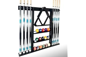 Gacco Billiards Wall Mount Pool Cue Stick Holder, Black Solid Wood Rack for 8 Cues