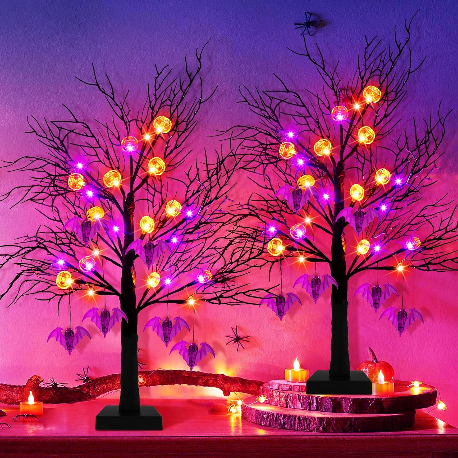 Trees - obbsie 2 Pack 24 Inch Black Halloween Tree Lights, 24 LED Light Up Spooky Tree with Orange & Purple Pumpkin Bat Lights Battery Operated Tabletop Halloween Tree with Timer for Halloween Decorations