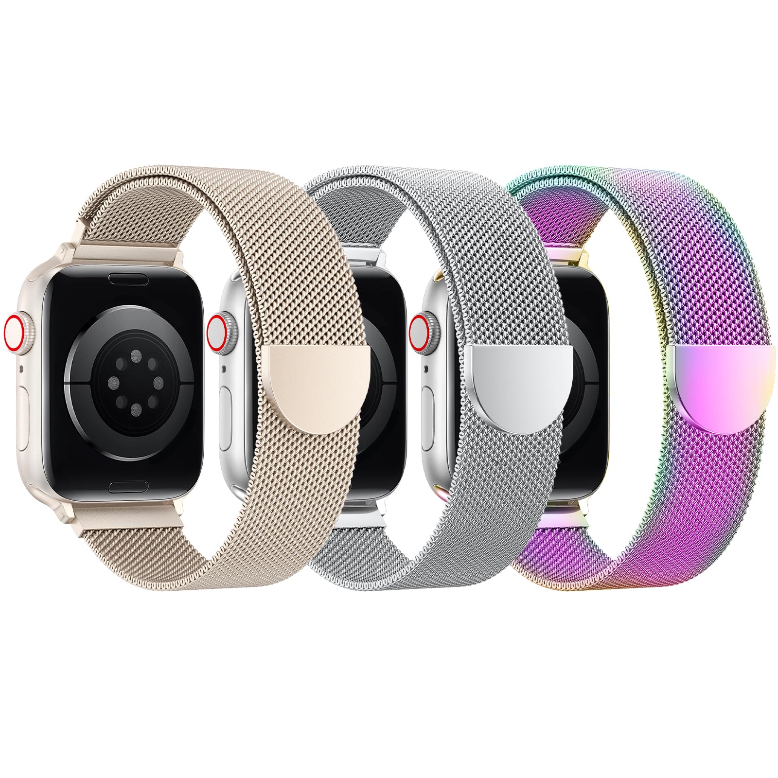 Photo 1 of BELONGME 3 Pack Mesh Loop Compatible with Apple Watch Bands for Women Men 40mm 41mm 38mm 42mm 44mm 45mm 49mm 46mm Series 11 10 9 8 7 6 5 4 Ultra3 SE3 2, Stainless Steel Metal Magnetic Strap for iWatch