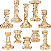 Mumufy 10 Pcs Glass Crystal Taper Candle Holders Clear Glass Candlestick Holder Fit 0.8 Inch Candles Crystal Decorative Candle Stand Centerpiece Table Wedding Dining Party (Classic,Gold)