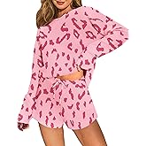 Ekouaer Womens Waffle Knit Lounge Set Long Sleeve Top and Shorts Pajama Set Print Loungewear Pink Leopard Small