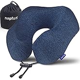 napfun Neck Pillow for Traveling, Upgraded Travel Neck Pillow for Airplane 100% Pure Memory Foam Travel Pillow for Flight Headrest Sleep, Portable Plane Accessories, Full Dark Blue