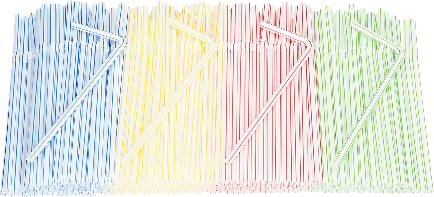 Flexible Plastic Straws 200 Pack - Striped Multi Colored BPA-Free Disposable Bendy Straw 8" Long, Assorted - by DuraHome (200 Pack): Health & Personal Care