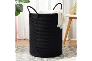 MOJOSCEND 62L Black Woven Rope Hamper Laundry Basket for Clothes Tall Modern Blanket Storage Basket in Living Room Bedroom