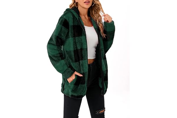 Womens Zip Up Fuzzy Fleece Sweater Jacket Casual Oversized Sherpa Hoodie Fluffy Coat with Pockets
