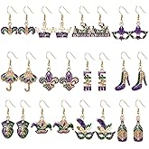 12 Pairs Mardi Gras Earrings Bulk for Women ,Glitter Fleur De Lis Feather Mask Crown Jester Hat Dangling Earrings Set ,Fun Y2K Boot Champagne Bottle Umbrella Skull Hook Dangle Earrings ,Hypoallergenic Carnival Festival Party Earrings Jewelry Accessories for Fat Tuesday Holiday Gift