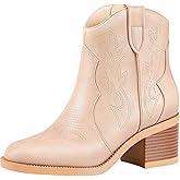PIZZ ANNU Women's Embroidered Western Cowboy Boots Cowgirl Round Toe Short Ankle Boots Ladies Fashion Retro Classic Booties Chunky Heels